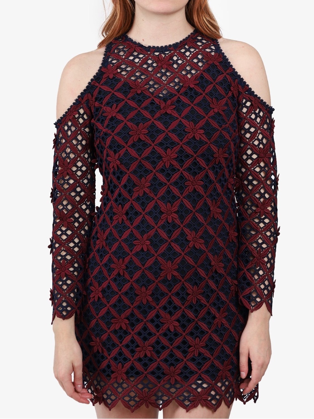SELF-PORTRAIT NAVY/BURGUNDY LACE PATTERN MINI DRESS SIZE 2